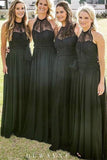 A-ligne longue dentelle noire en mousseline de soie robes de demoiselle d&#39;honneur robes de demoiselle d&#39;honneur