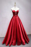 A Line Sweetheart Red Satin Lace Up Longues Robes De Bal Avec Bowknot, Robes Formelles Pas Cher