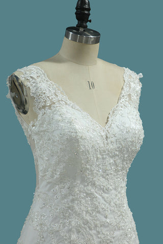2024 sirène robes de mariée col en V Tulle avec appliques sirène tribunal train