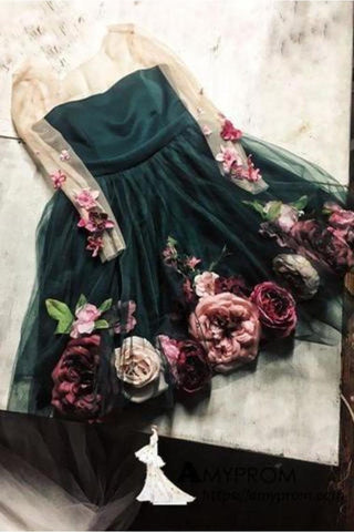 A-ligne v-cou robe de retour de fleurs fait à la main robe de bal unique à manches longues