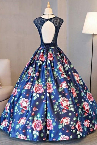 2024 robe boule scoop dentelle imprimé floral longueur de plancher robe de bal chic de soirée