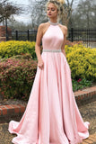 Élégantes charmantes longues robes de bal rose A-ligne dos ouvert perlantes avec poches