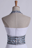 2024 Halter Robes de bal A-ligne Pick Up cristal avec une longue jupe en mousseline à volants perles
