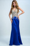 2024 Brak Royal Blue bicolores Sirène Robes de bal col en V corsage perlé satiné &amp; Tulle