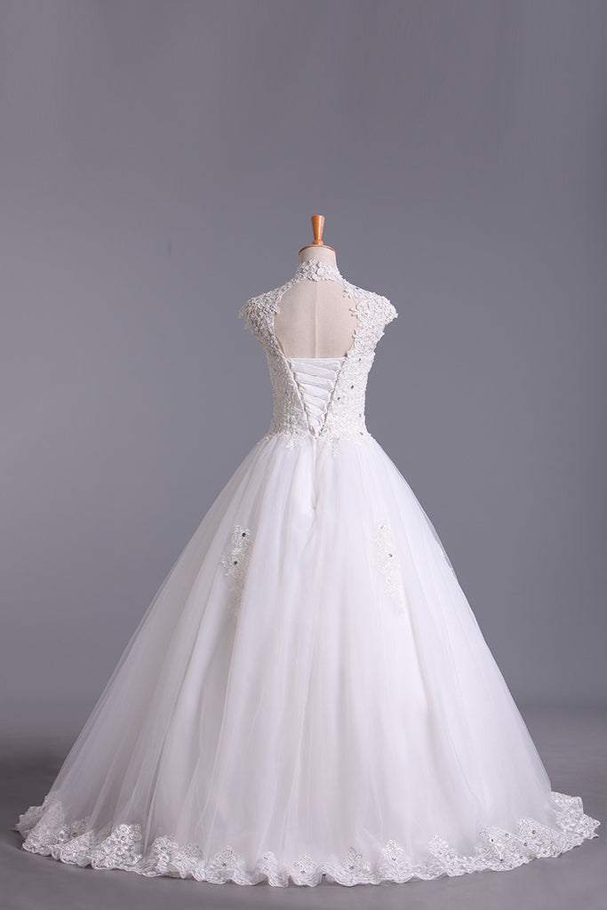 2022 col haut Une robe de mariage en ligne Tulle Avec Applique &amp; Perles