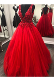 Col en V perles longues robes de bal florales rouges, magnifiques robes de soirée rouges