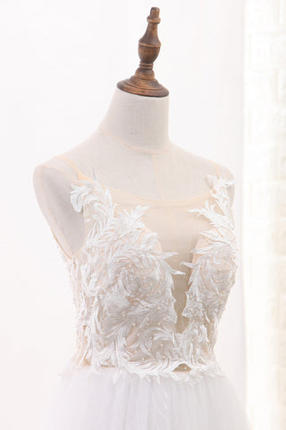 2022 A Line Tulle &amp; robes de mariée en dentelle Scoop avec longueur de plancher Applique