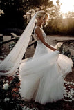 Élégantes robes de mariée en tulle à col en V avec des fleurs, robes de mariée de plage en V