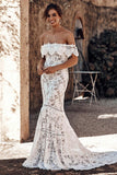 Élégante robe de mariée en dentelle sirène ivoire sur l&#39;épaule