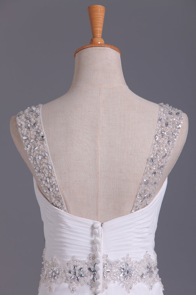 2022 Robe de mariée blanche sweetheart Une ligne plissée corsage en mousseline de soie perlée bretelles amovibles