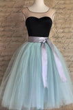 2024 Homecoming Robes A Line Scoop With Sash / Ribbon Longueur au genou Tulle Jupe