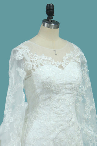 Robes de mariage de sirène de manches longues de 2024 Tulle avec le train de cour d&#39;applique détachable
