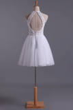 2022 blanc Halter Robes A-Line Tulle court / mini corsage perlé