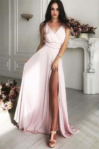 V - cou devant fendu long simple pas cher robes de bal rose élégantes robes de soirée