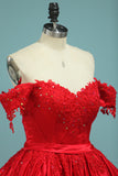2024 robe de balle hors-la-épaule en satin avec appliques couleur rouge Fermeture à glissière Retour