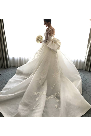 Longues robes de mariage de Tulle de manches de sirène de 2024 avec le train de cour d&#39;applique détachable