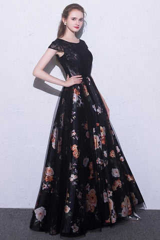 2024 robes de bal noir scoop une ligne floral imprimé robe de bal sexy longue dentelle