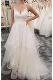 Bretelles spaghetti robe de mariée en tulle de plage avec des appliques de dentelle, robes de mariée longues