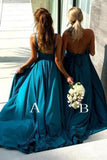 Robes de demoiselle d&#39;honneur bleu dos nu simples longues col en V avec fente