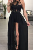 Robes de bal longues sexy noires avec des robes appliques fendues