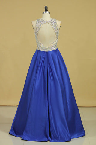 2024 Bleu Royal Scoop Ouvrir Retour corsage perlé Une ligne Robes de bal Satin &amp; Tulle Taille Plus