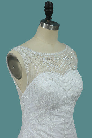 2024 Nouvelle Robe de Mariée à l&#39;Arrire Scoop Mermaid Tulle Avec Applique Et Perles