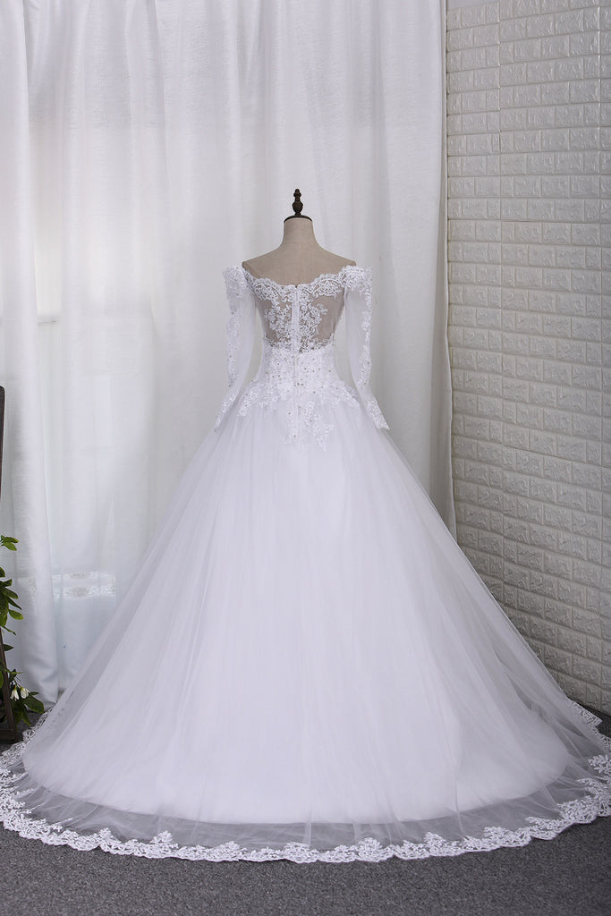 2022 Nouvelle robe de mariée A-Line Scoop à manches longues Tulle Court Train With Applique