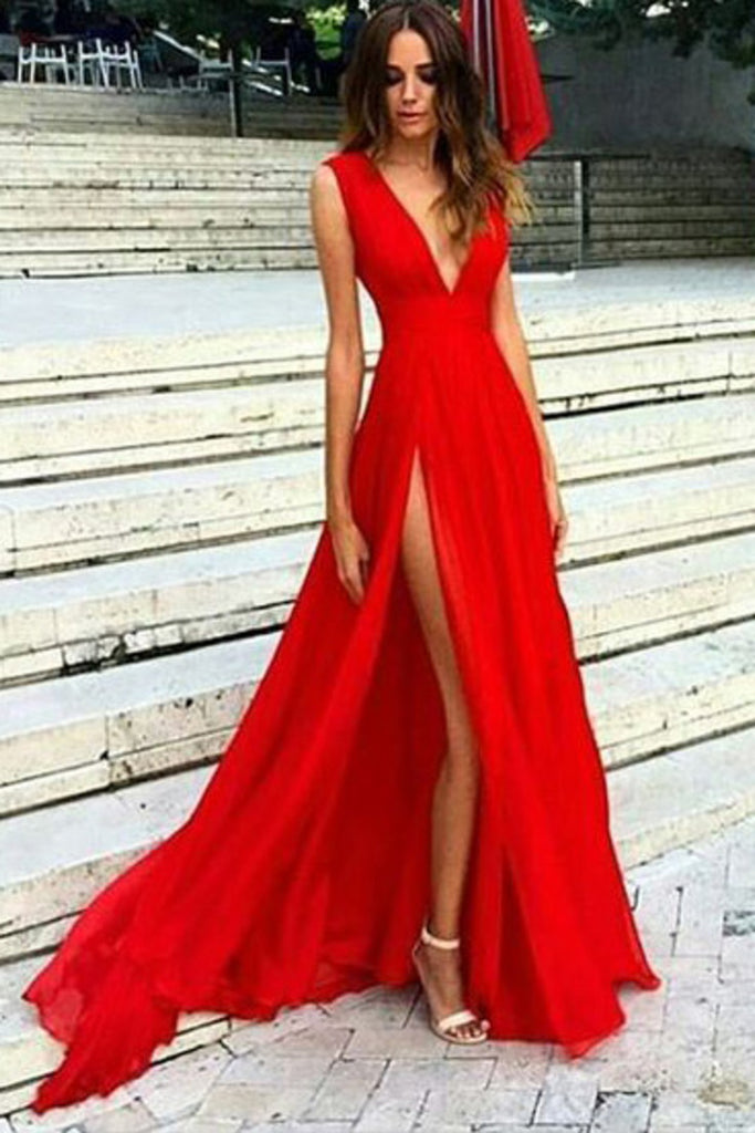 2022 V Neck Chiffon With Slit A Line Sweep Train Prom Robes