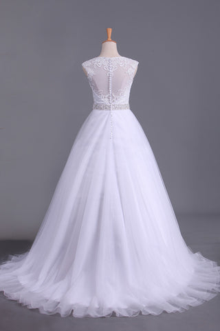 2024 blanc Scoop robes de mariée A-ligne Traîne avec des perles &amp; Applique