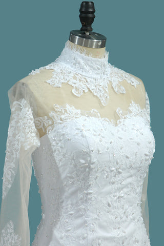 2024 sirène robes de mariée col haut manches longues en tulle avec Applique et perles