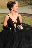 Bretelles à la mode spaghetti robes de bal noir étage longueur robes de soirée