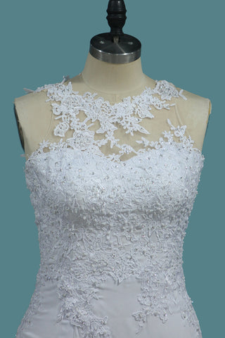 2022 A Line Scoop robes de mariée en mousseline de soie avec appliques et fente train de balayage