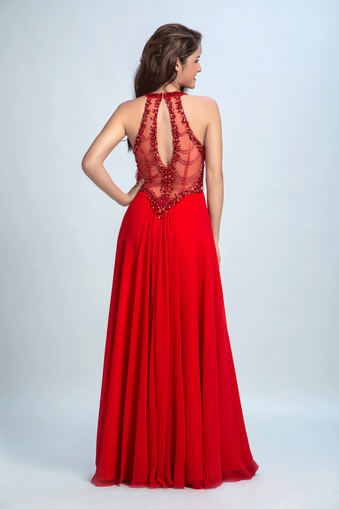 2022 Scoop robes de bal Une ligne en mousseline de soie avec des perles rouge