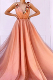 Charmantes robes de bal orange orange en 3D à col en V Tulle Robe de soirée pas chère