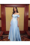 Robes de bal modeste longues en satin bleu sur l&#39;épaule robes de soirée