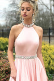 Élégantes charmantes longues robes de bal rose A-ligne dos ouvert perlantes avec poches