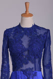 2022 manches longues robes de soirée sirène / trompette en satin avec appliques Foncé Bleu Royal