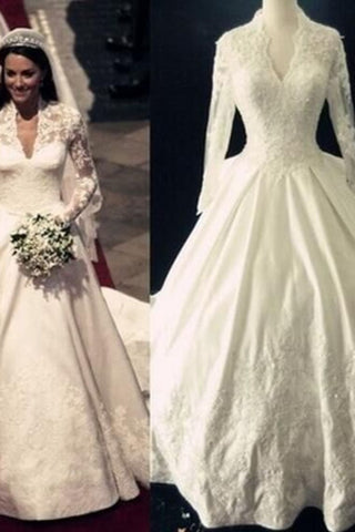 Robes de mariée de luxe une ligne-v-cou satin train royal manches complètes