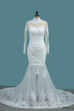 2024 sirène robes de mariée col haut manches longues en tulle avec Applique et perles