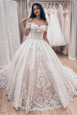 Robe de bal hors l&#39;épaule robe de mariée avec des appliques de dentelle, magnifique robe de mariée