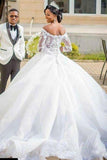 Princesse longue épaule dénudée robe de mariée blanche avec appliques