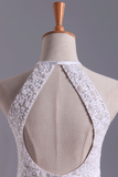 2022 blanc Halter Robes A-Line Tulle court / mini corsage perlé