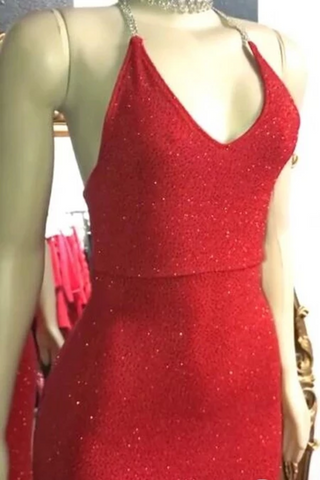 Paillettes rouges sexy paillettes col V robes de bal robes de soirée dos nu en sirène licol