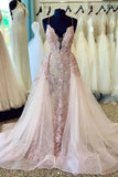 Spaghetti Straps Deep V Neck Tulle Prom Dress With Lace Appliques, Robes de mariée
