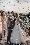 Élégantes robes de mariée en tulle à col en V avec des fleurs, robes de mariée de plage en V