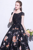 2024 robes de bal noir scoop une ligne floral imprimé robe de bal sexy longue dentelle