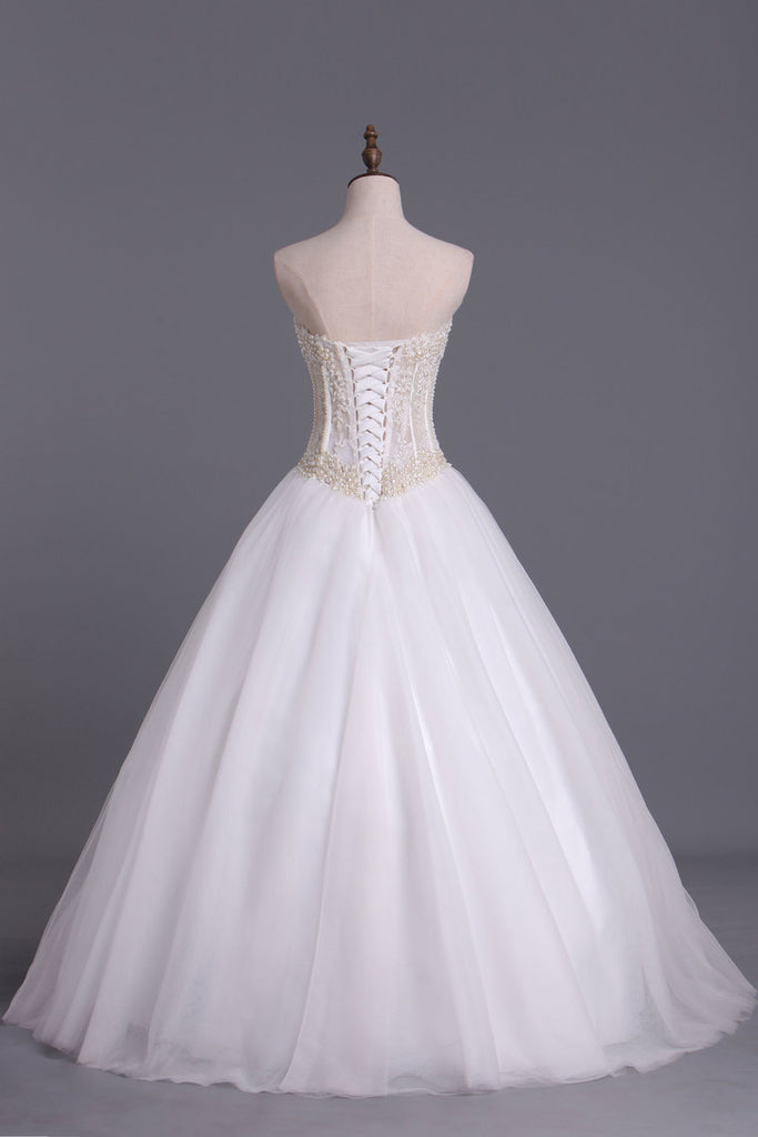 2022 Robes de mariée A-ligne sweetheart See Through Tulle avec perles dentelle étage Longueur