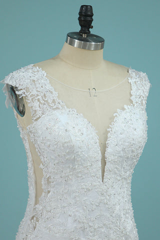 2024 Robes de mariée Bretelles sirène en tulle avec train de balayage appliqué