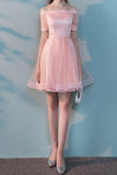 2024 A Line Boat Neck Tulle Avec Applique Robes Homecoming Manches Courtes
