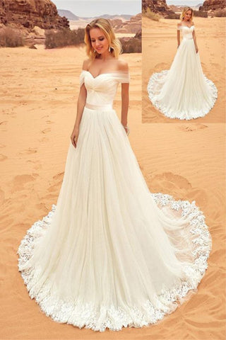 Robes de mariée en dentelle ivoire élégante tulle épaule longue robe de mariée sur la plage